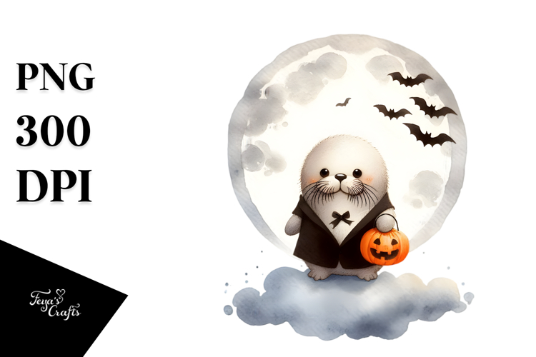Simple Cute Baby Walrus on Halloween Cloud PNG