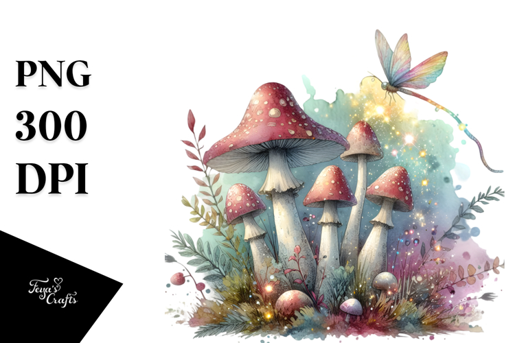 Detailed Pastel Mushroom with Magical Theme Watercolor PNG