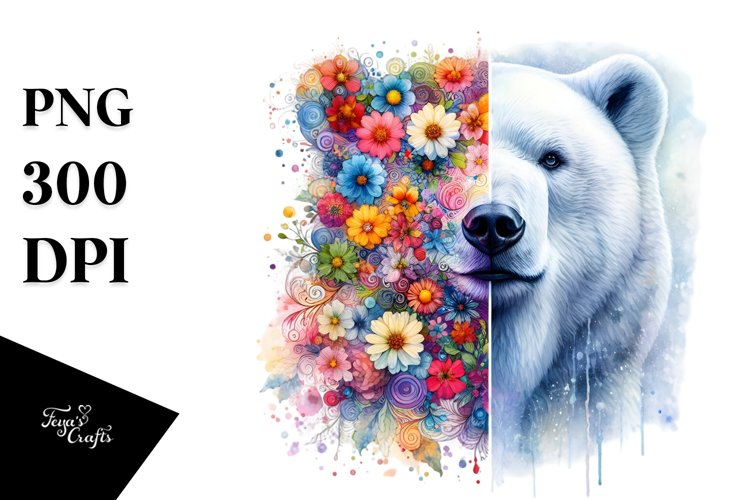 Half Flowers Polar Bear | Vibrant Artistic Watercolor example image 1