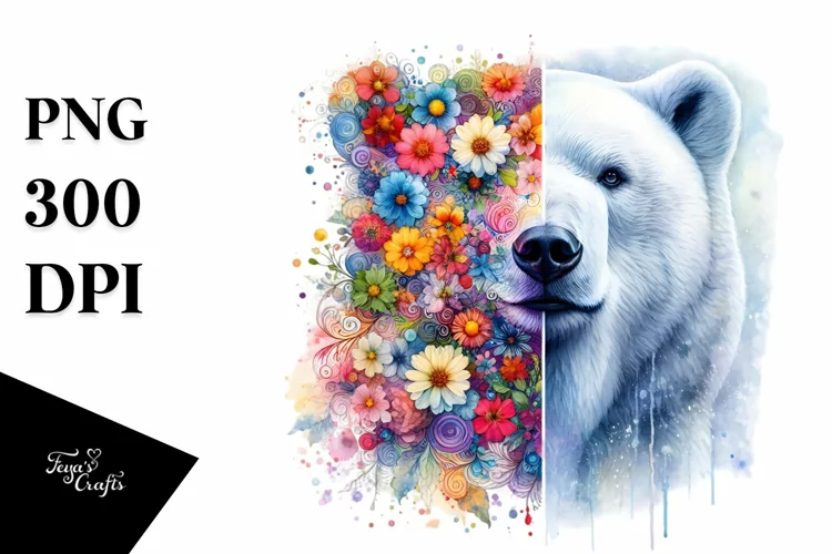 Half Flowers Polar Bear | Vibrant Artistic Watercolor