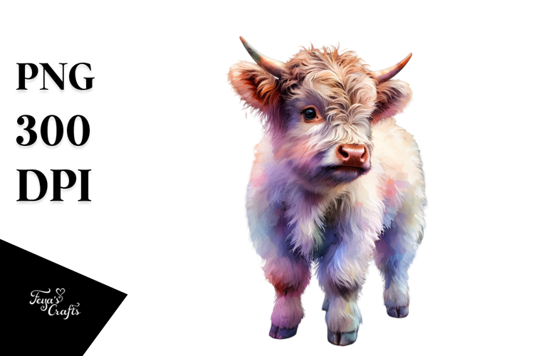 Baby Highland Cow on Street Corner, Watercolor PNG