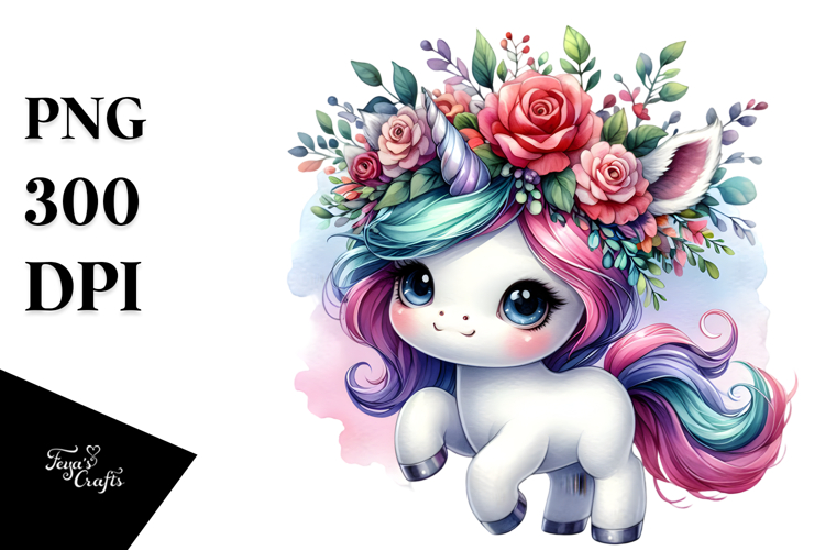 Cute Unicorn with Floral Wreath PNG