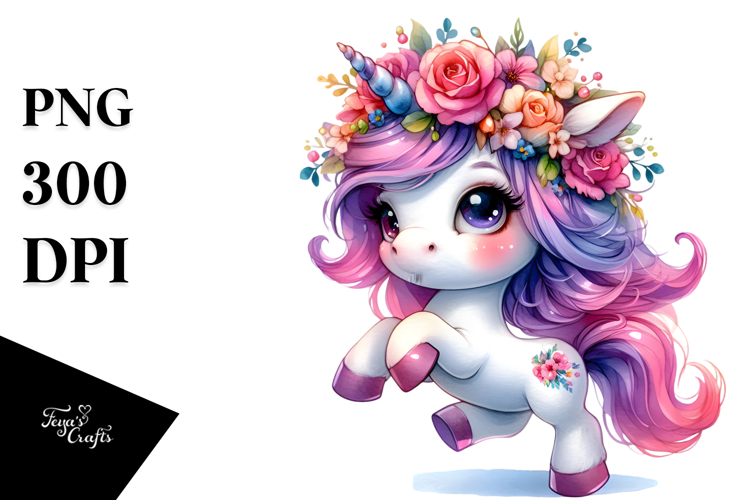 Cute Unicorn with Floral Wreath PNG