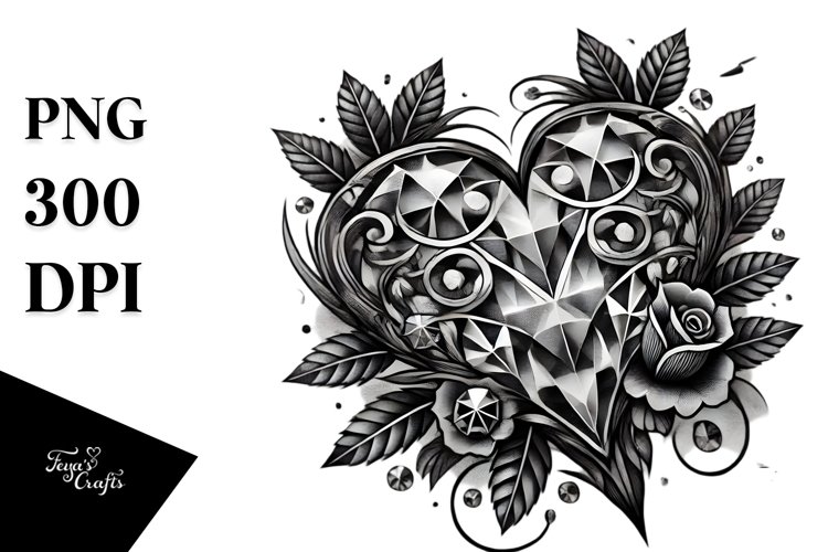 Tattoo Style Heart with Diamonds, PNG