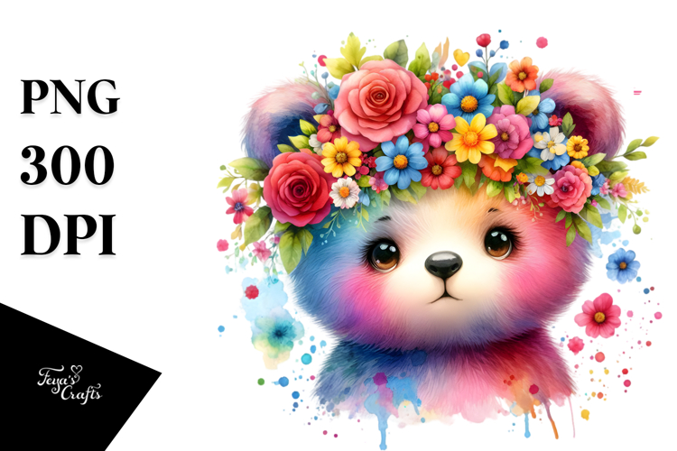 Vibrant Flower Crown, Colorful Baby Bear Clipart