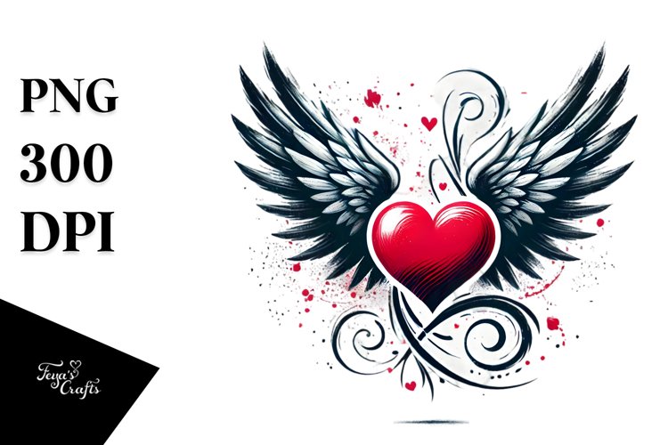 Paint Brush Style Heart with Wings, PNG