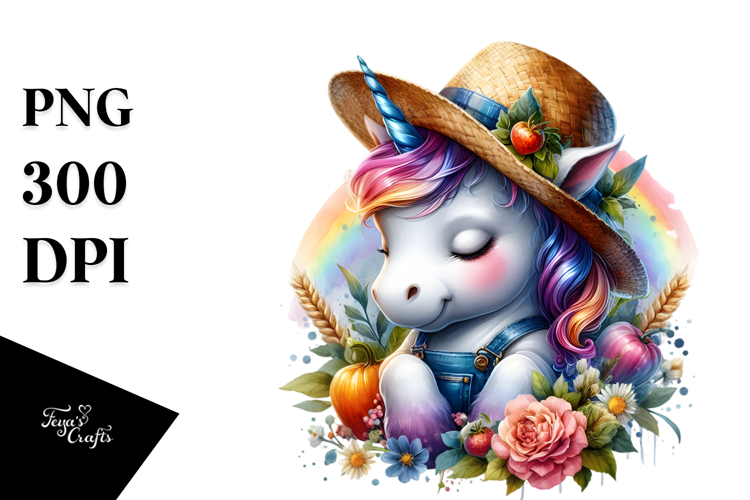 Baby Unicorn in Farmers Hat PNG