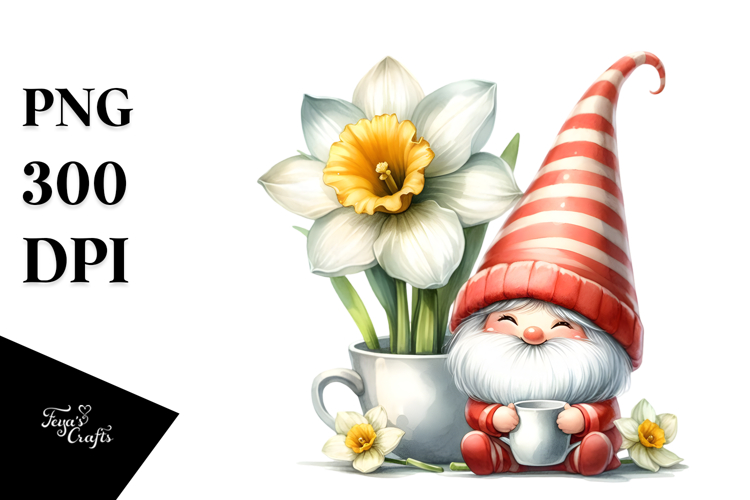 Cute GNOME with Big HAT and Narcissus in Cup PNG