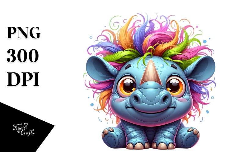 Colorful Cartoon Baby Rhino Crazy Hair | Sublimation Clipart example image 1