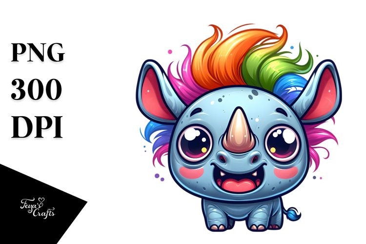 Colorful Cartoon Baby Rhino Crazy Hair | Sublimation Clipart example image 1