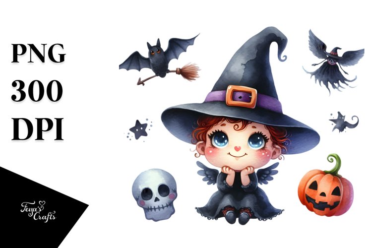 Funny Watercolor Halloween Witch | Sublimation | Clipart example image 1