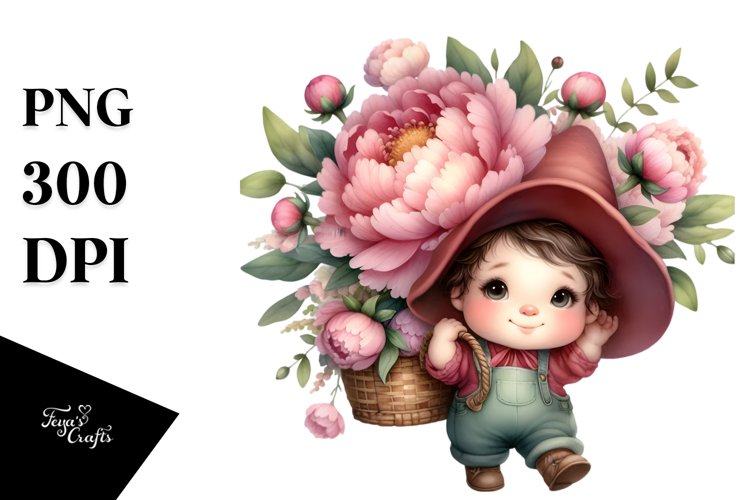 Cute Baby Gnome with Peonies PNG