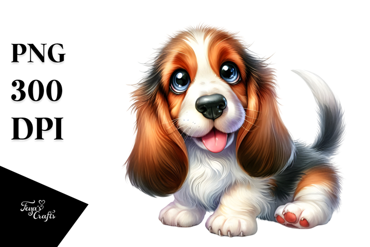 Happy Basset Hound Puppy, Watercolor PNG