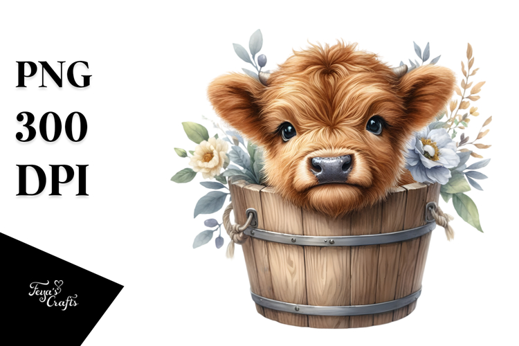 Cute Baby Highland Cow with Flowers PNG