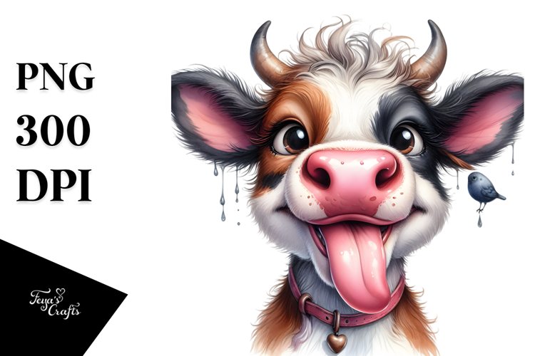 tongue Cow Portrait | Watercolor Clipart example image 1