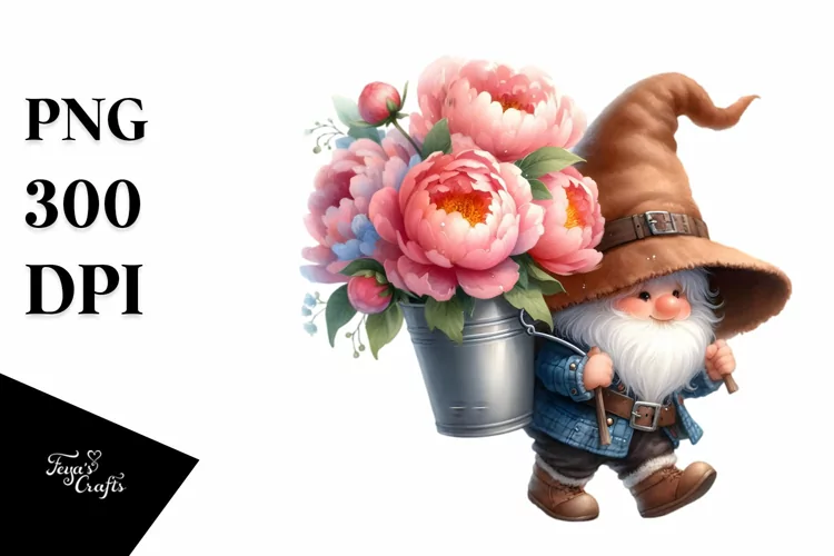 Watercolor Baby Gnome with Peonies Floral Frame in Bucket