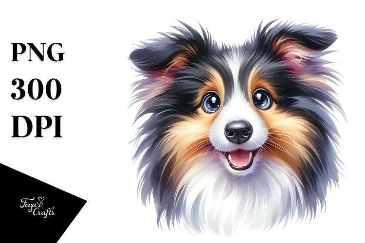 Happy Collie Puppy, Watercolor PNG