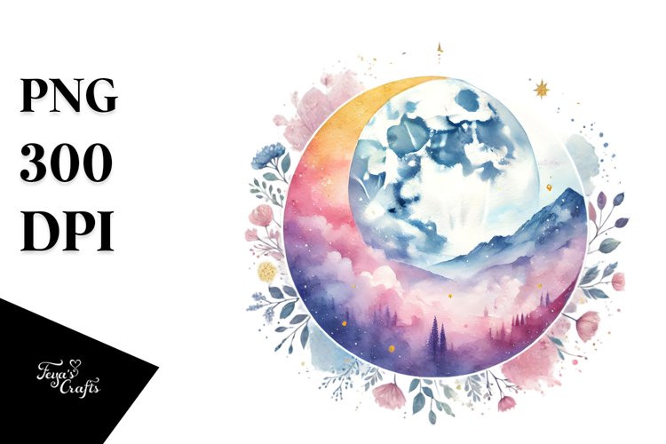 Colorful Pastel Watercolor Washed Moon PNG