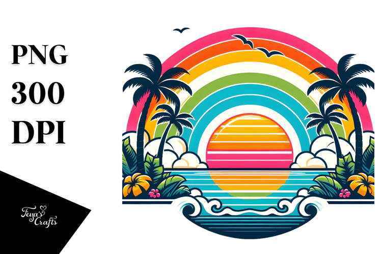 Retro Tropical Rainbow Sunset, PNG