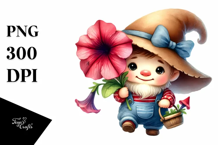 Cute Gnome with Petunia PNG