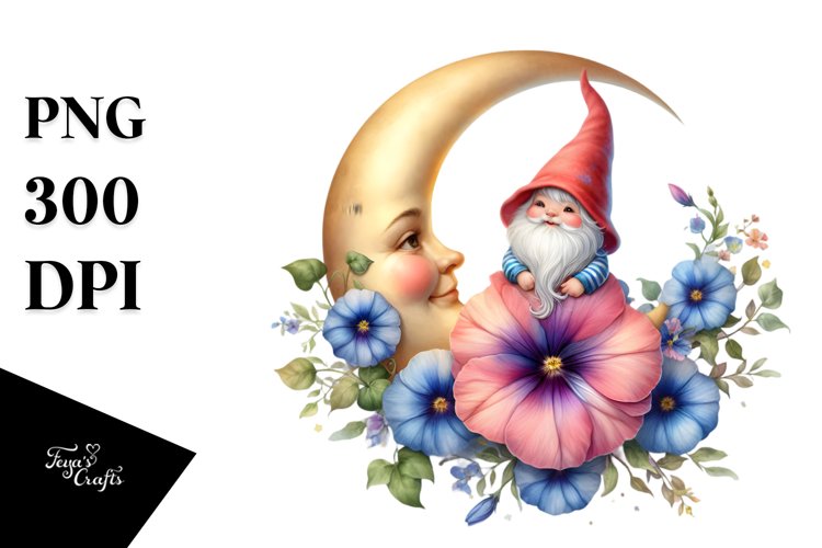 Cute Baby Gnome with Morning Glory PNG