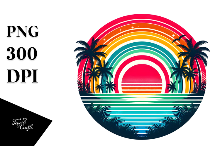 Retro Tropical Rainbow Sunset PNG