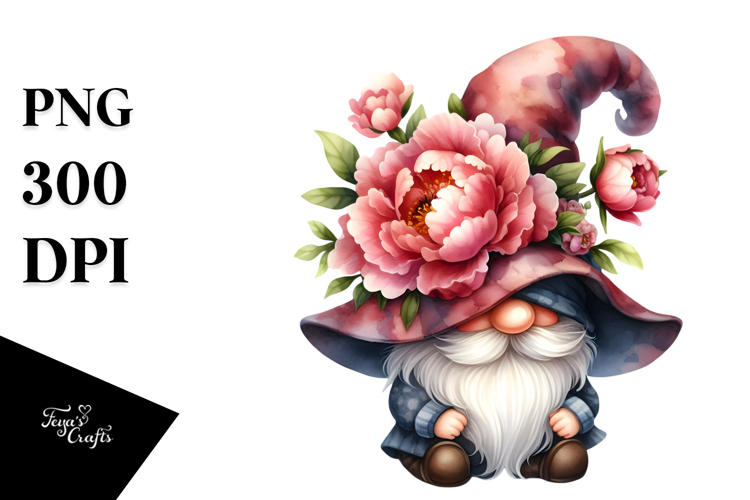 Cute Gnome with Big Hat and Peonies PNG