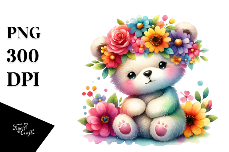 Flower Crown Decorated Cartoon Bear | Sublimation | Clipart