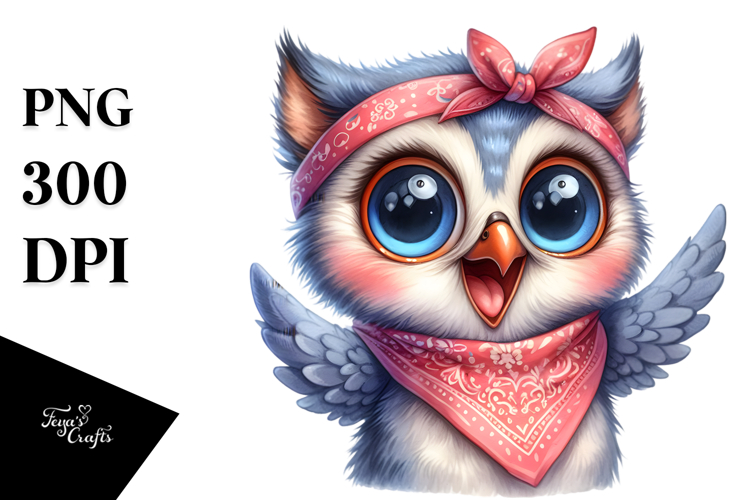 Watercolor Funny Baby Owl Portrait Bandana | Sublimation |