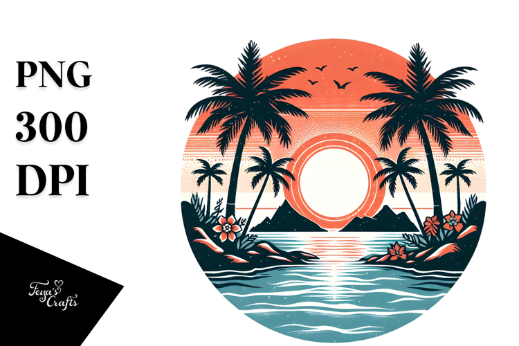 Vintage Tropical Island Sunset PNG