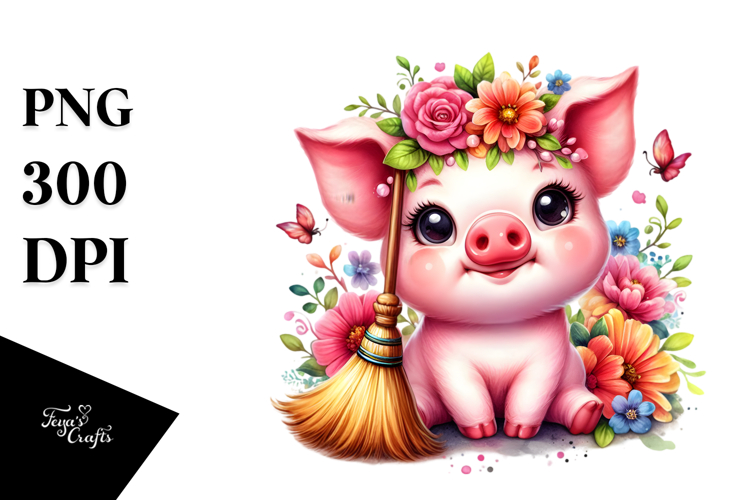 Baby Pig with Flowers and Broom Drawing | Clipart