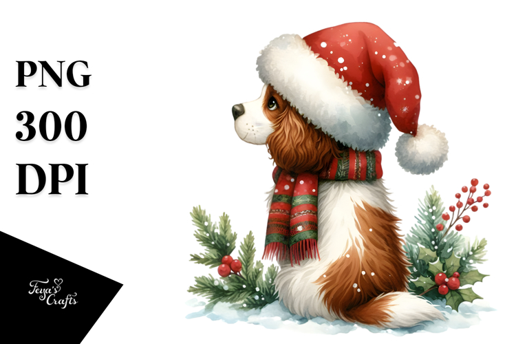 Watercolor Brittany with Santa Hat, Transparent PNG