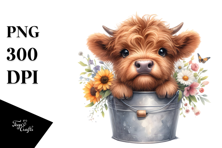Cute Highland Cow with Flowers, Transparent PNG