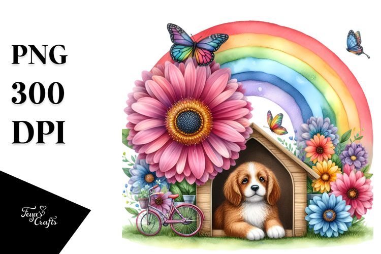 Watercolor Dog House Flower Rainbow Bird Butterfly |