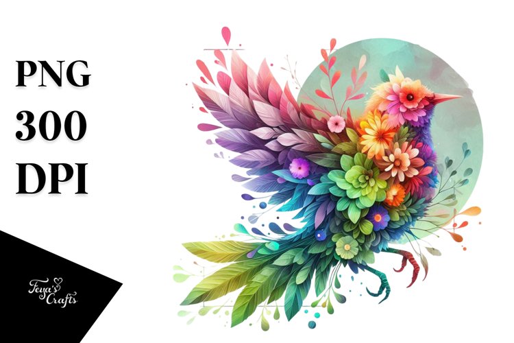 Vibrant Watercolor Bird with Flowers PNG