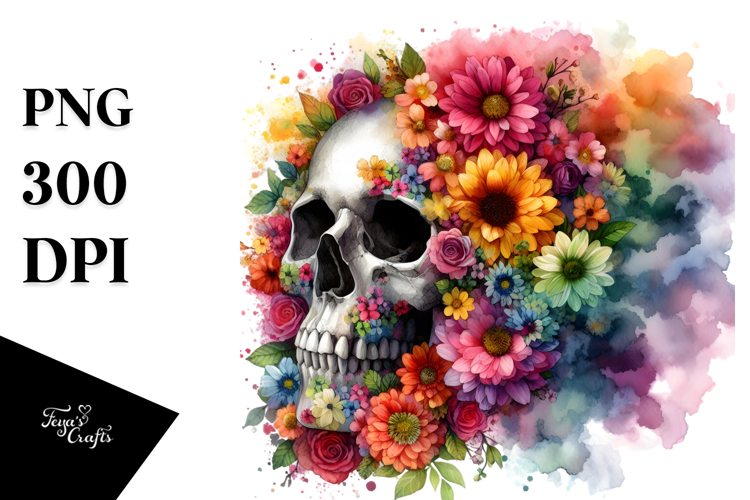Colorful Skull with Spring Flowers, Transparent PNG