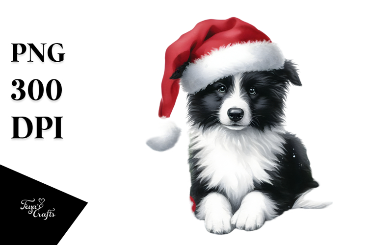 Watercolor Border Collie with Santa Hat, Transparent PNG