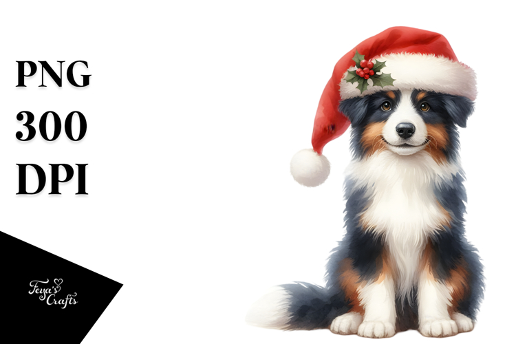 Watercolor Border Collie with Santa Hat, Transparent PNG