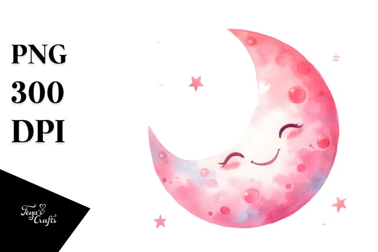 Whimsical Pinkish Smiling Moon Watercolor PNG