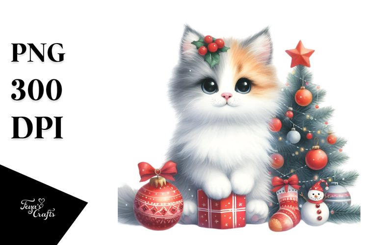 Cute Sitting Cat with Christmas Decorations PNG