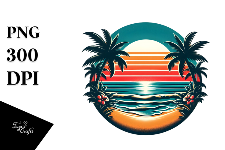 Retro Tropical Beach Sunset PNG