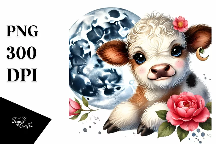Cute Baby Highland Cow with Camellia PNG