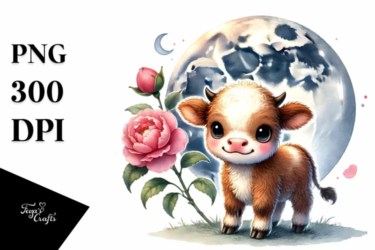 Cute Baby Highland Cow with Camellia PNG