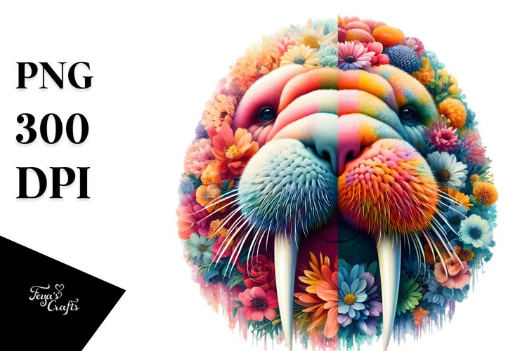 Artistic Vibrant Walrus with Flowers Clipart