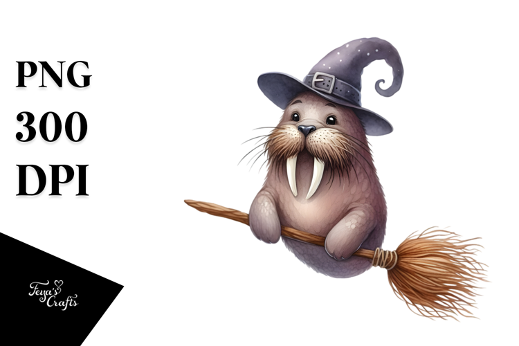 Playful Walrus on Broom | Sublimation | Clipart