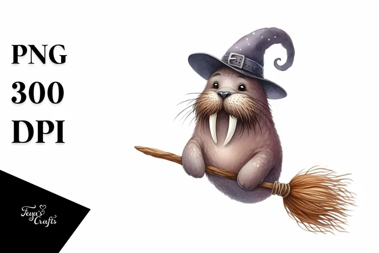 Playful Walrus on Broom | Sublimation | Clipart