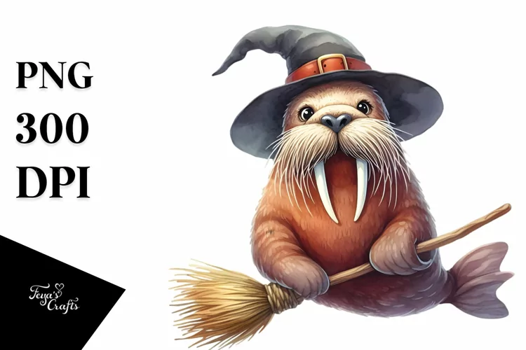 Playful Walrus on Broom | Sublimation | Clipart