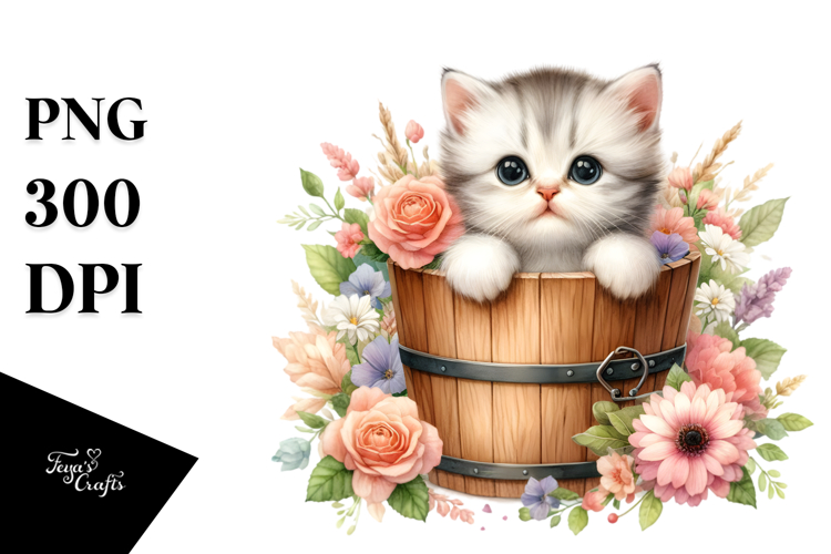 Watercolor Cute Cat with Flowers PNG