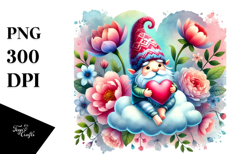 Colorful Gnome Sitting on Cloud Holding a Heart PNG