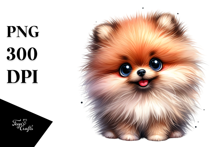 Watercolor Baby Cartoon Pomeranian with Big Eyes,